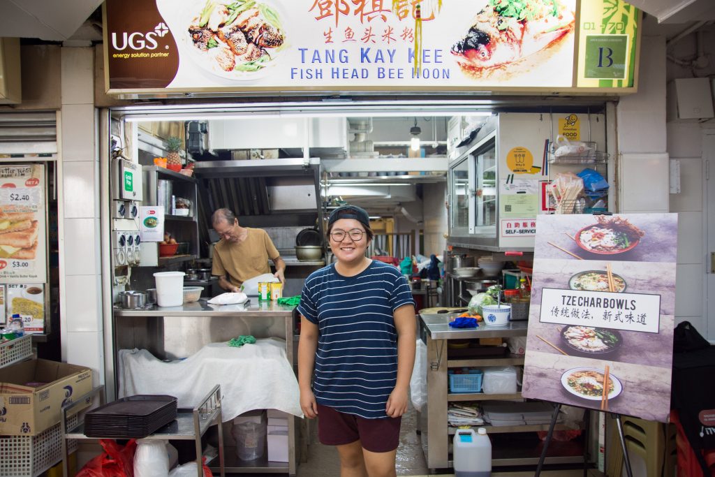 Hawker Debbie Yam standing in front of her stall Tang Kay Kee Fish Head Bee Hoon
