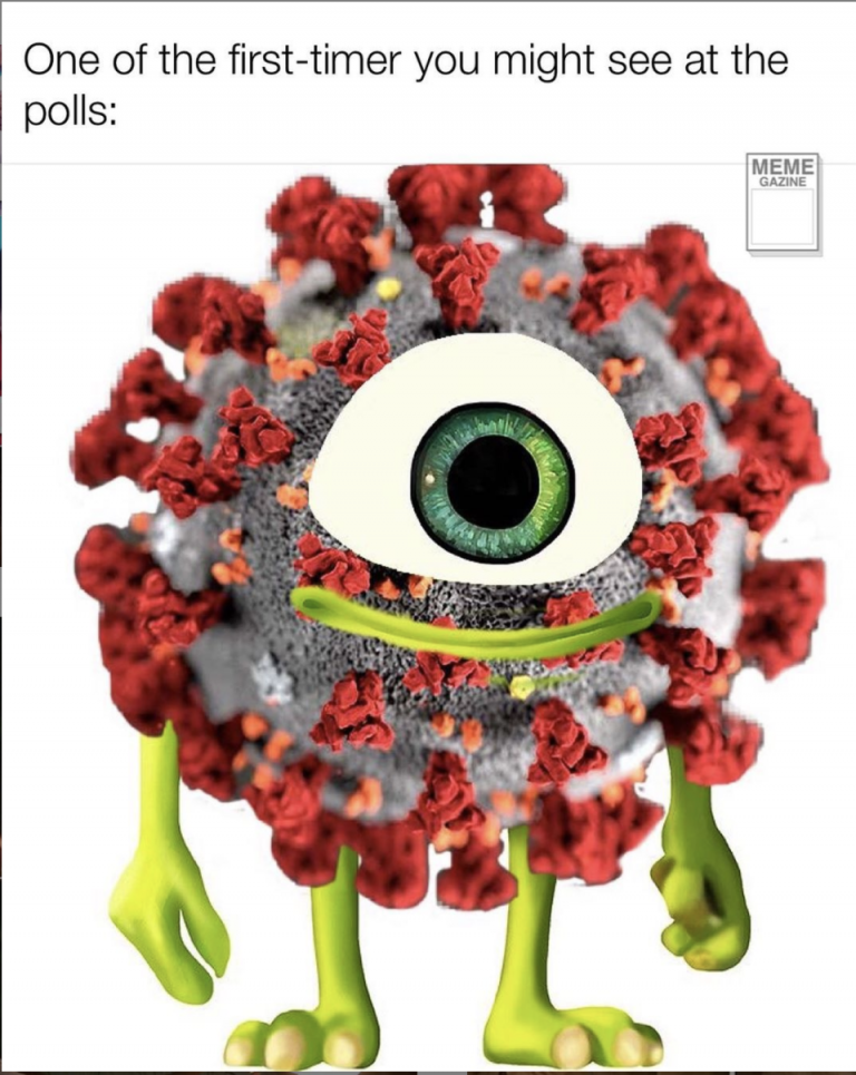 A photo of the Monster's Inc character, Mike Wazowski, photoshopped to look like a coronavirus cell