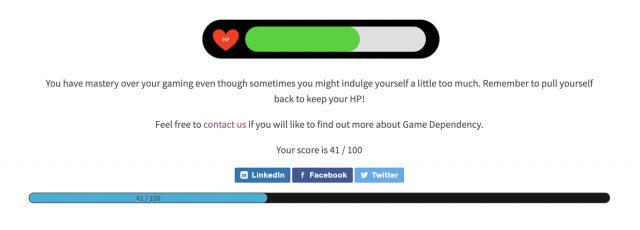 Screenshot of gaming dependency score that is presented in the form of Health Points (HP).