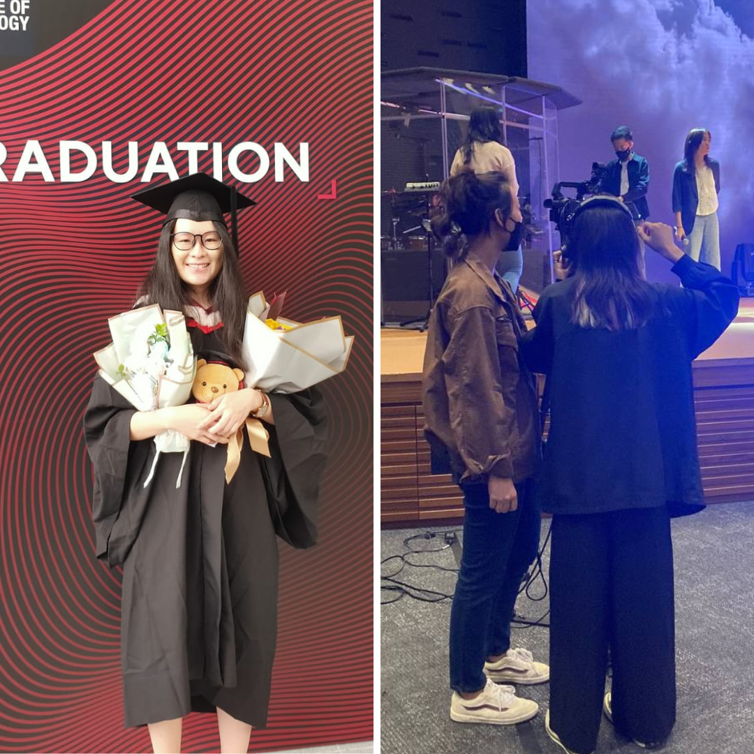 Left: graduation ceremony Right: Working in production