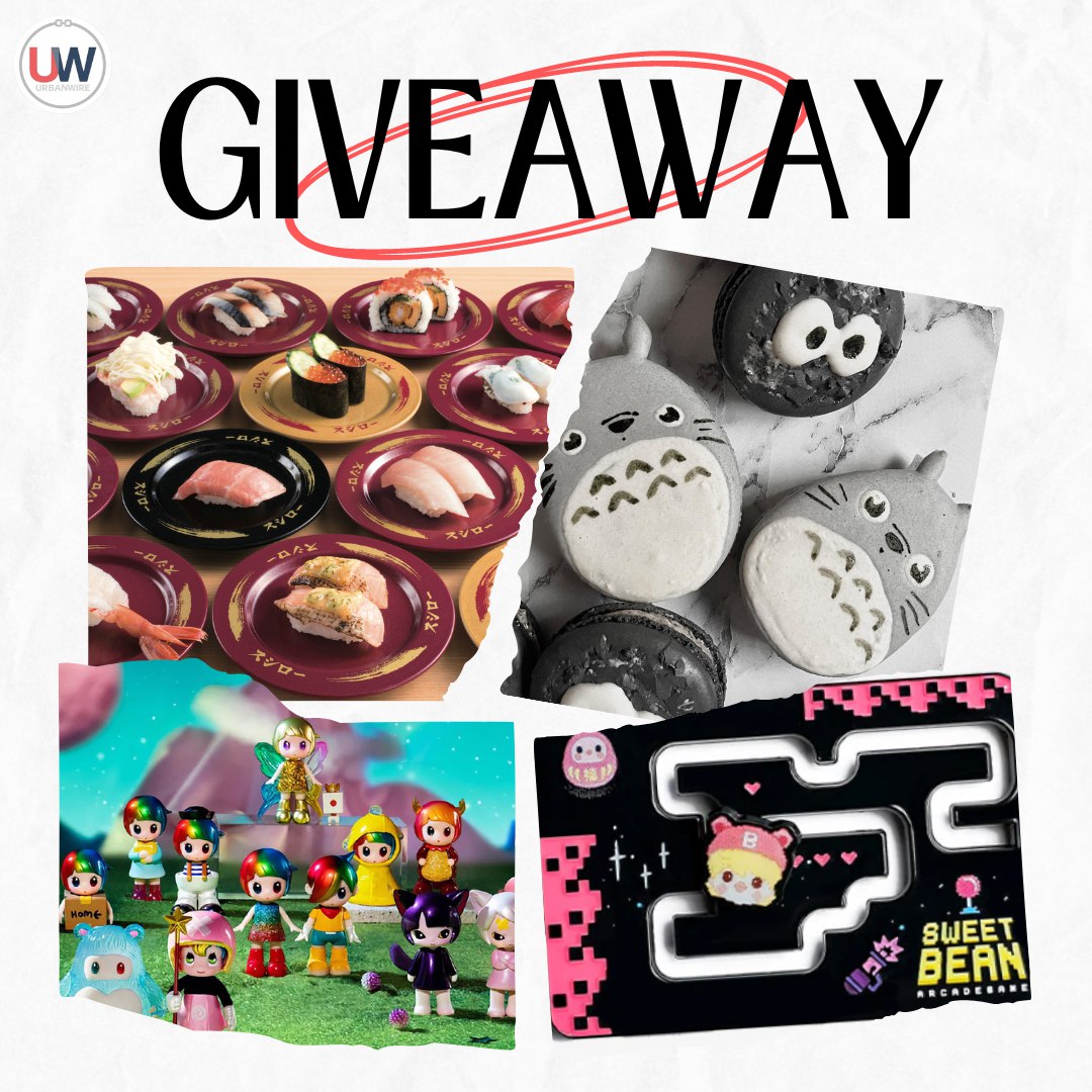 Giveaway prizes of Sushiro vouchers, Totoro macarons, Pop Mart voucher and Sweet Bean merchandise