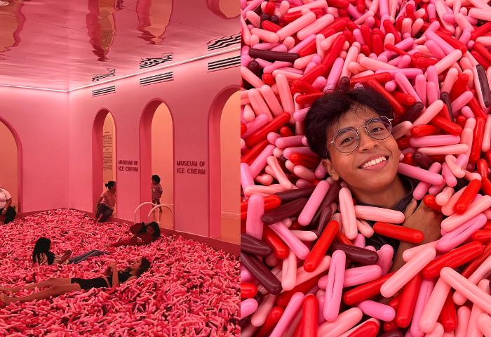 Left: People relaxing in the sprinkle pool Right: A person covered in sprinkles