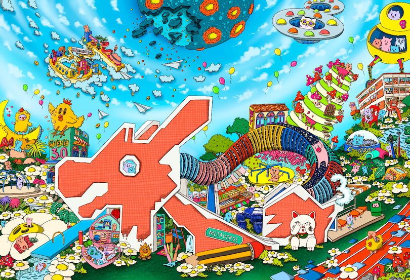 A colourful NFT artwork with a dragon playground in the foreground