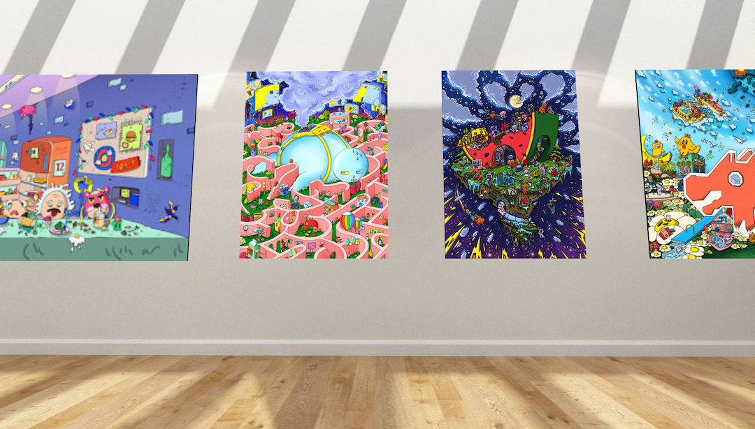 Various NFT artworks on display in a virtual gallery
