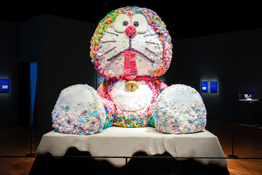 A giant statue of Doraemon made up of different materials