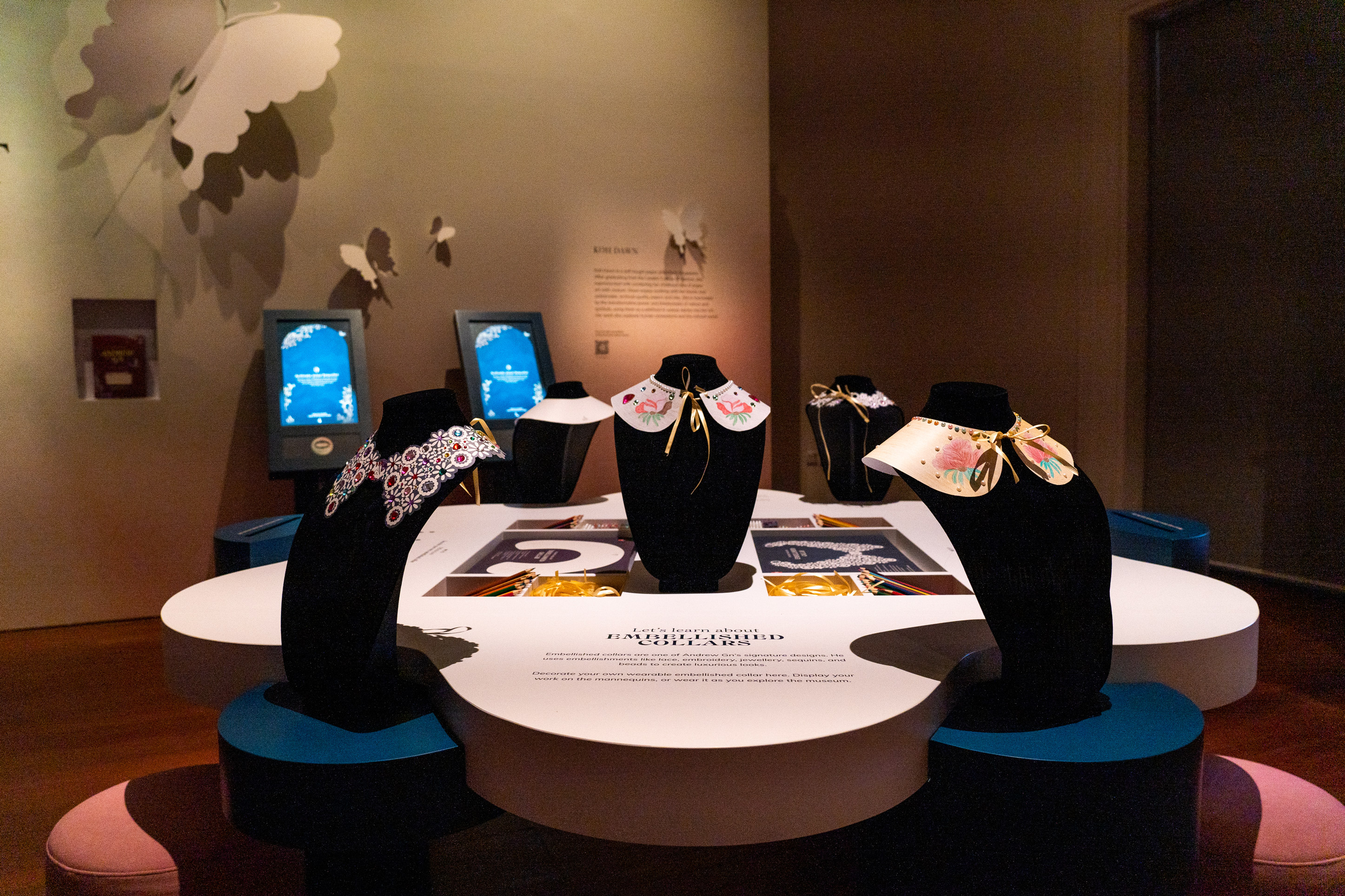 Different personalised collars displayed for reference and inspiration for people to create their own.