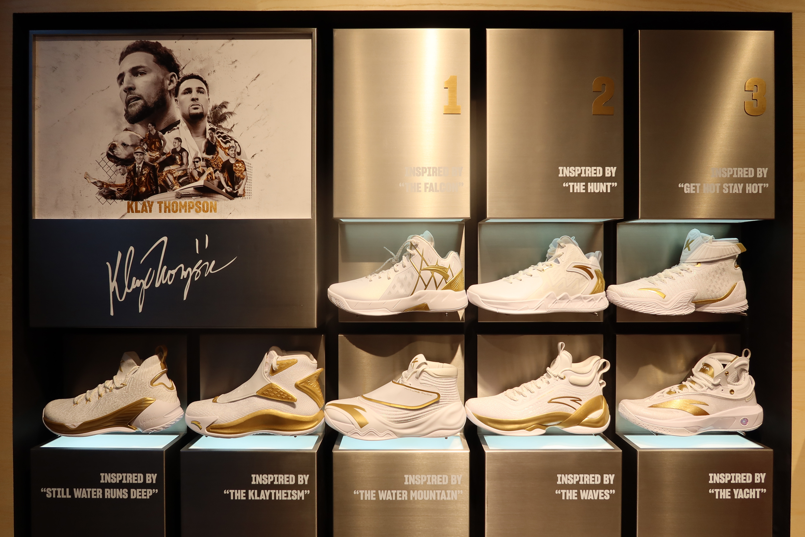 American basketball player, Klay Thompson's curated Wall of Fame displaying his own line of training sneakers.