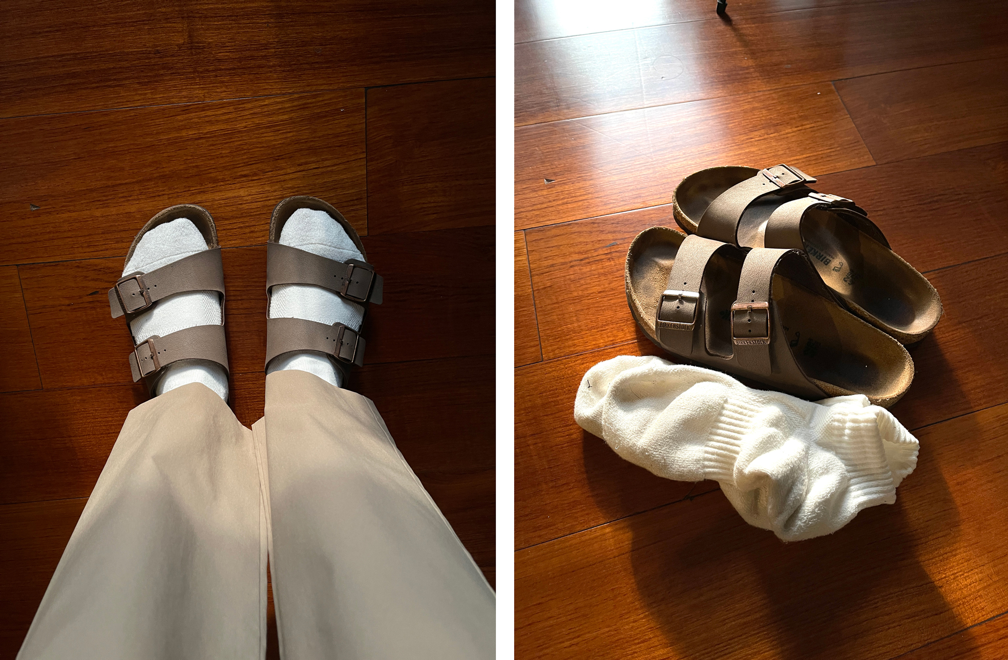 This photo shows a collage of two photos showing the author's socks and sandals.