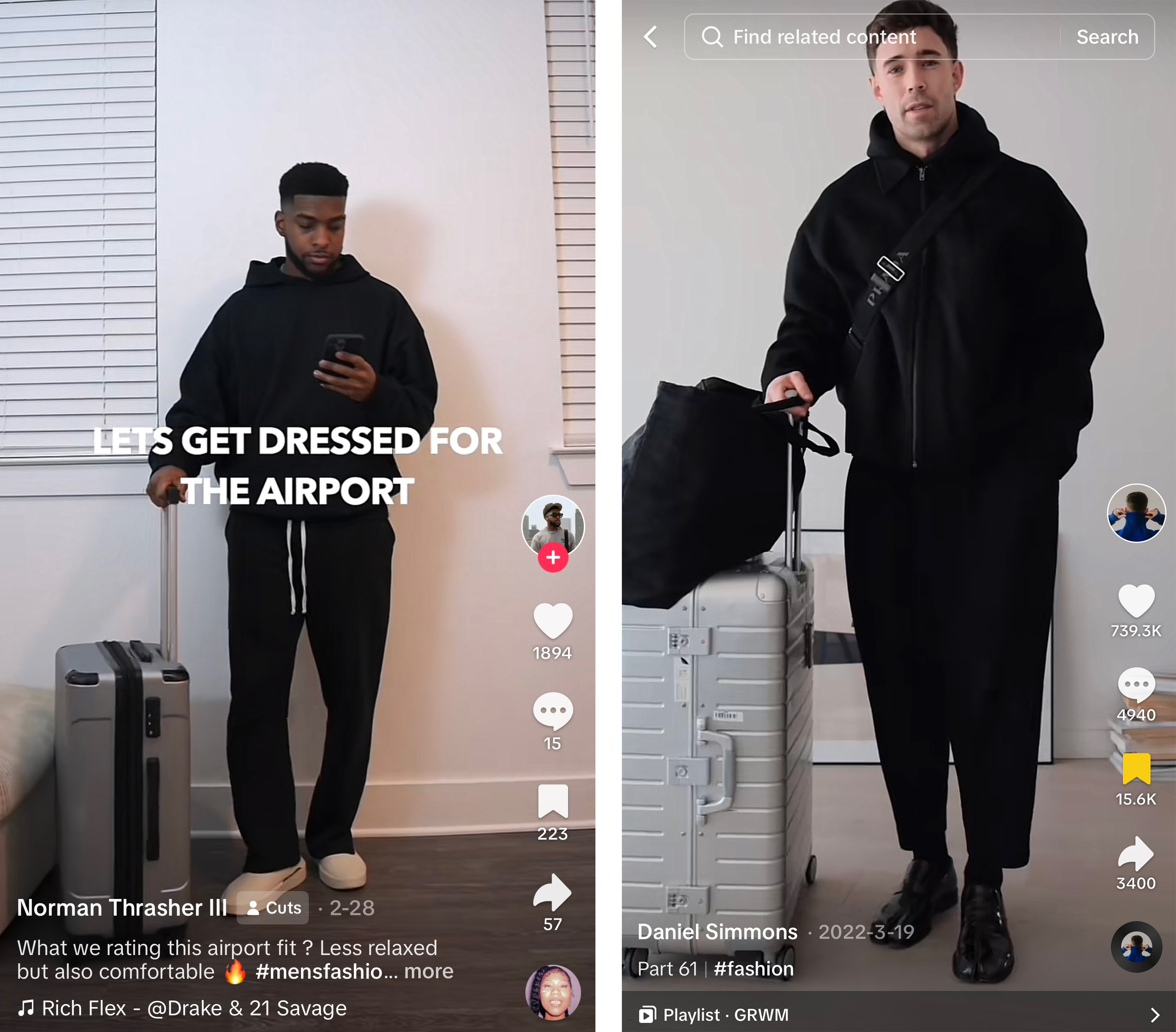 This photo is a collage of two screenshots from TikTok, both showing men dressed in black outfits consisting of hoodies and sweatpants.